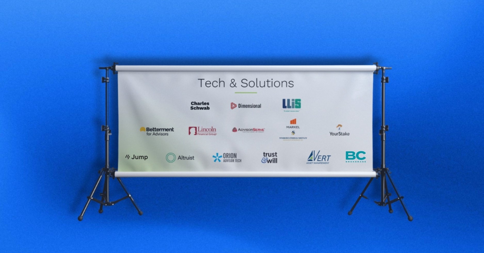 A sign with all the sponsors showcased on it with a blue background.